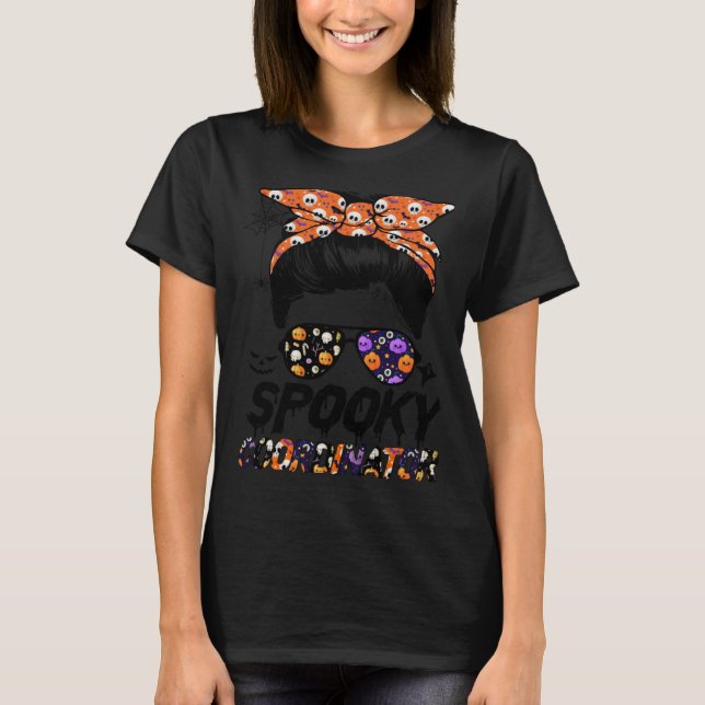 Camiseta Messy Bun Spooky Coordenadora Mulheres Pumpkin Hal (Frente)