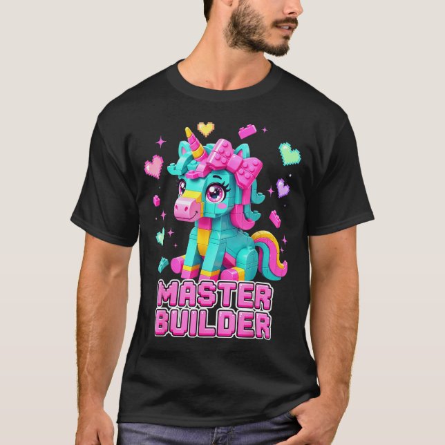 Camiseta Mestre Construtor Crianças Meninas Blocos de Const (Frente)