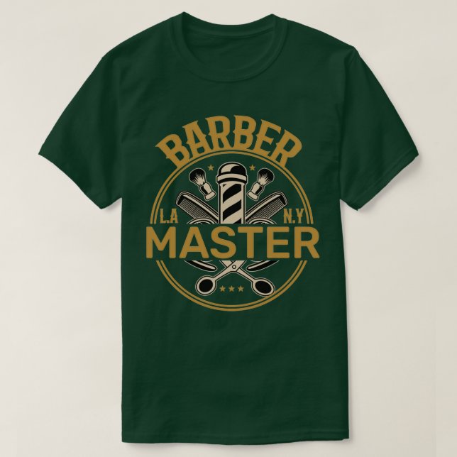 Camiseta Mestre de barbeiro com tesoura e pentes (Frente do Design)