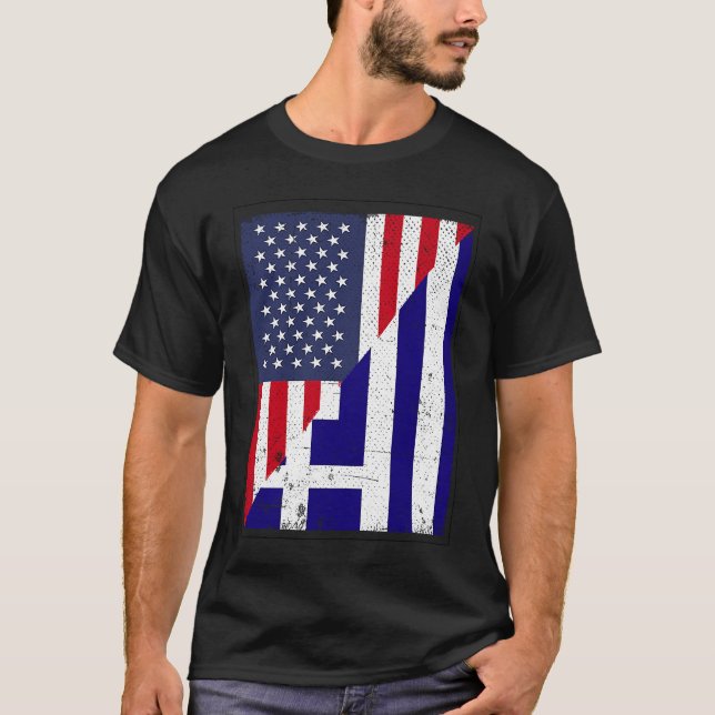 Camiseta Metade dos EUA Bandeira Meia Grécia Bandeira Ameri (Frente)