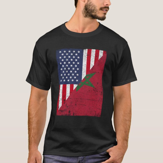 Camiseta Metade dos EUA Flag Half Marrocos Flag American (Frente)