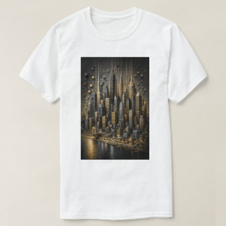 Camiseta Metrópole Dourada | Skyline de Micro Mosaico 3D