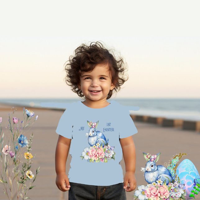 Camiseta Meu 1º Floral de Páscoa Grinalda Coelho Azul Flor  (My 1st Easter Floral Wreath Blue Rabbit Pink Bloom Toddler T-shirt)