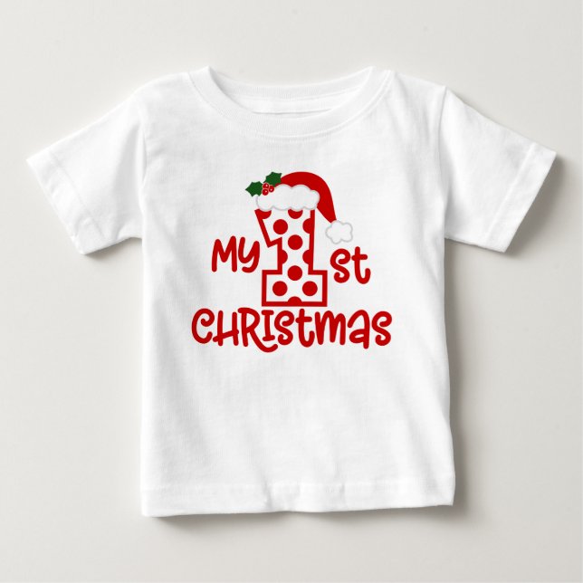 Camiseta Meu 1º Natal Chapéu de Papai Noel de Bolinhas Fofo (Frente)