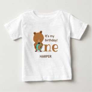 Camiseta Meu Aniversário Urso Um Nome Primeiro Aniversário