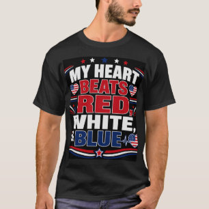 Camiseta Meu Coração Late Vermelho Branco e Azul