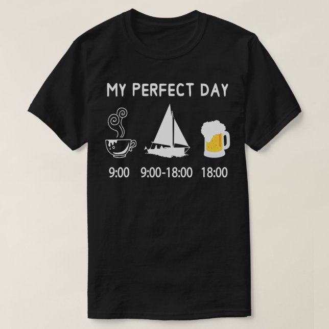 Camiseta MEU DIA PERFEITO, café velejando cerveja e velando (Frente do Design)