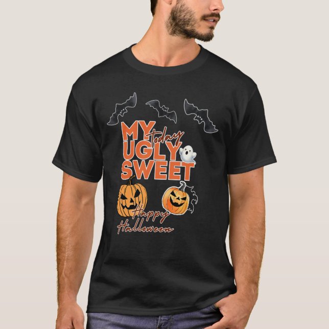 Camiseta Meu doce e feio Halloween de hoje, Bat, Pumpkin (Frente)