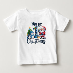 Camiseta Meu Primeiro 1º Natal Azul Bebê Menino Xmas Boneco