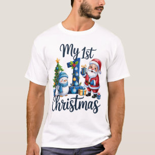 Camiseta Meu Primeiro 1º Natal Azul Bebê Menino Xmas Homem