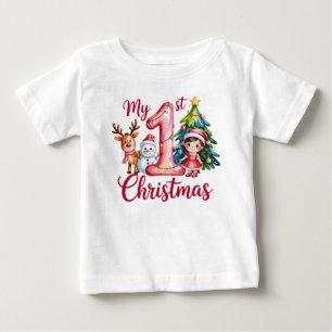 Camiseta Meu Primeiro 1º Natal Rosa Menina Bebê Xmas Boneco