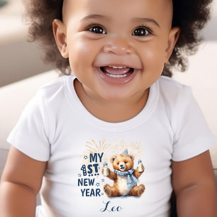 Camiseta Meu Primeiro Ano Novo, Menino, Nome Cute Bear, Cam