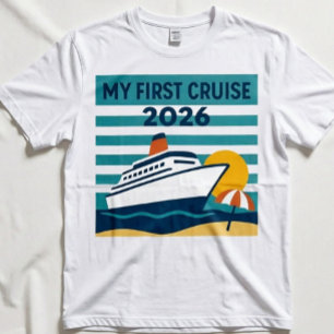 Camiseta Meu Primeiro Cruzeiro 2026 Pôr do Sol Retrô Navio