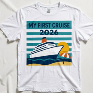 Camiseta Meu Primeiro Cruzeiro 2026 Pôr do Sol Retrô Navio