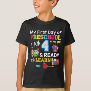 Camiseta Meu Primeiro Dia De Pré-Escolas Eu Tenho 4 Anos E 