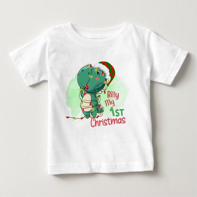 Camiseta Meu Primeiro Dinossauro de Natal Bebê  (Frente)
