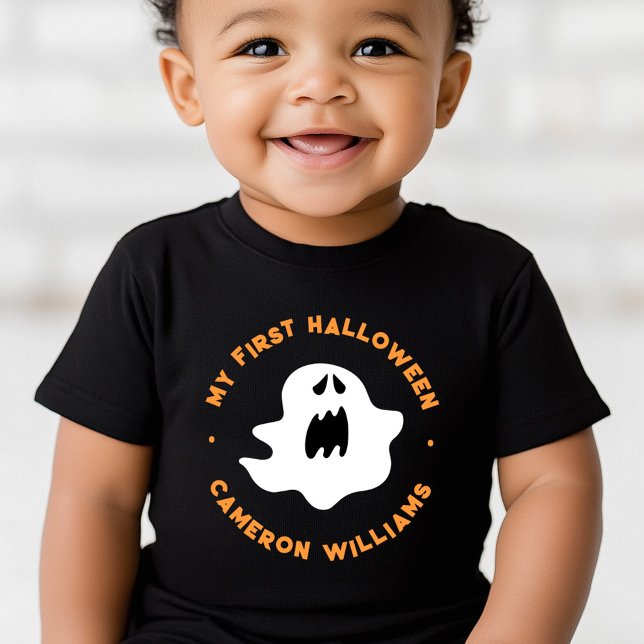 Camiseta Meu primeiro fantasma de desenho animado fofo do H (My first Halloween cute spooky cartoon ghost Baby T-Shirt)