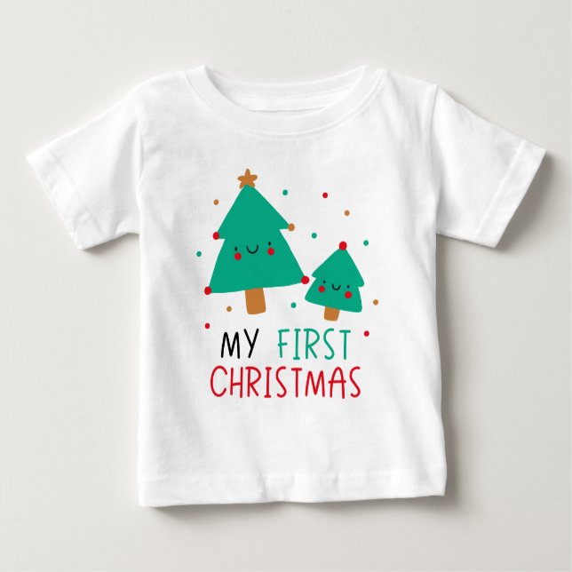 Camiseta Meu Primeiro Natal - Árvores de Natal bonitas (Frente)