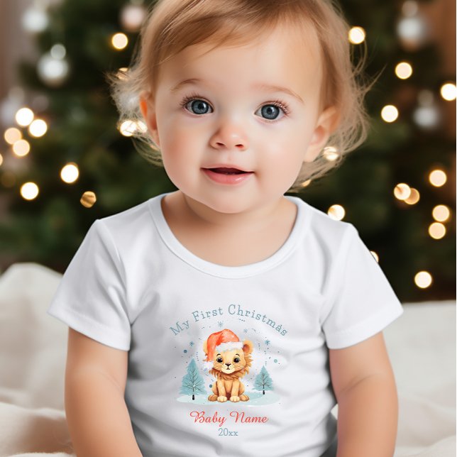 Camiseta Meu Primeiro Natal Bebê Lion Nome Personalizado (Criador carregado)