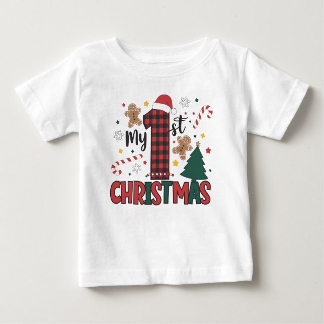 Camiseta Meu Primeiro Natal Biscoito de Gengibre Bastão de  (Frente)