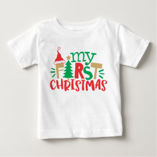 Camiseta Meu Primeiro Natal Chapéu de Papai Noel Árvore Ver