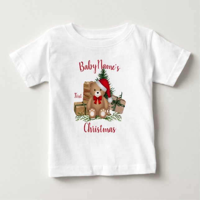 Camiseta Meu Primeiro Natal com o nome de presentes bonitin (Frente)