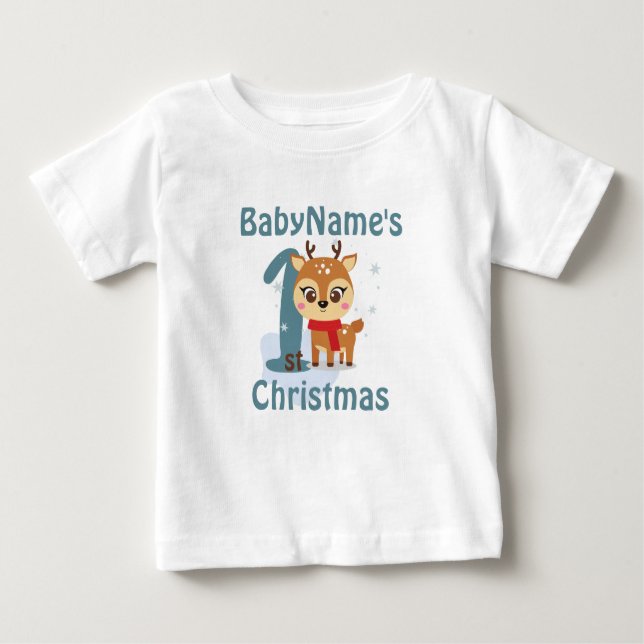 Camiseta Meu Primeiro Natal com o nome de renas bonitinhas (Frente)
