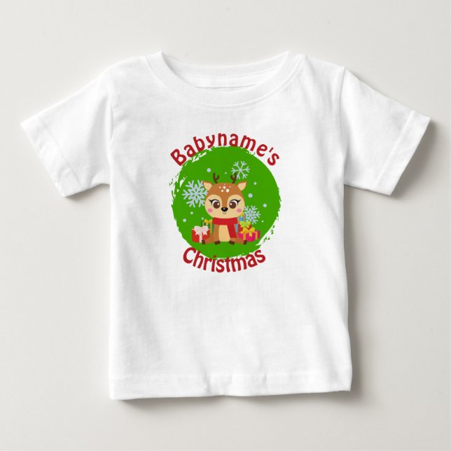Camiseta Meu Primeiro Natal com o nome de renas bonitinhas  (Frente)
