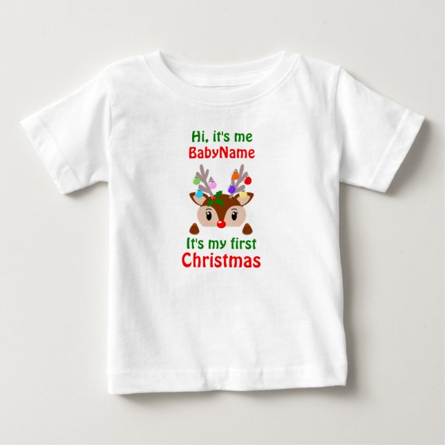 Camiseta Meu Primeiro Natal com o nome Oi sou eu (Frente)