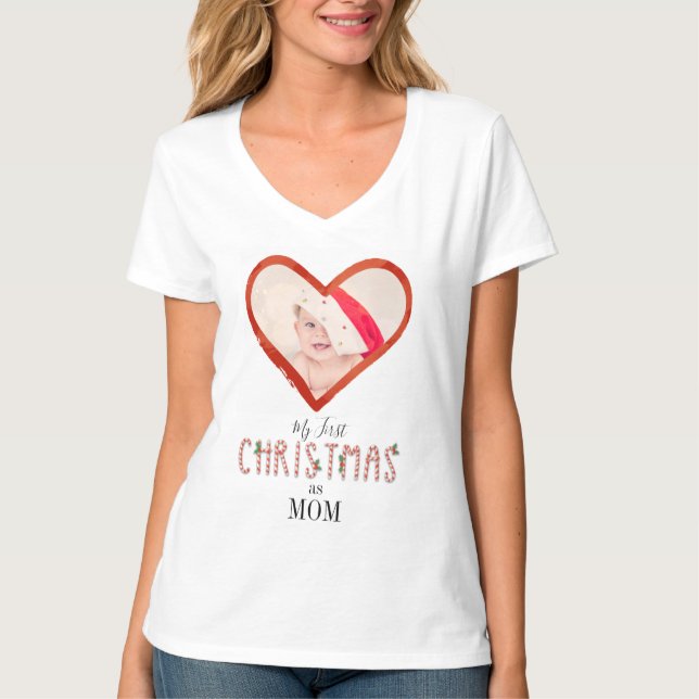 Camiseta Meu Primeiro Natal Como Mãe Adora Foto De Bebê De  (Frente)