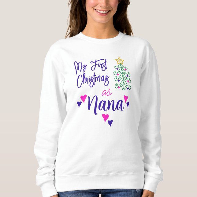 Camiseta Meu Primeiro Natal Como Nana Purple Pink Hearts Tr (Frente)
