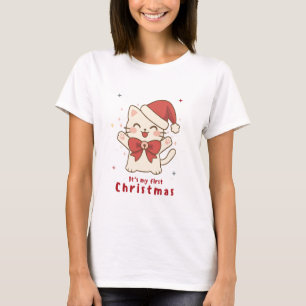 Camiseta Meu Primeiro Natal Design de Gato Fofo