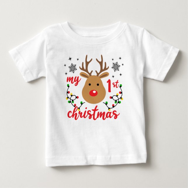 Camiseta Meu Primeiro Natal Lindos Rena Moderno Flocos de N (Frente)