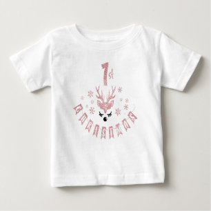 Camiseta Meu Primeiro Natal, Moderno Rosa e White Reindeer