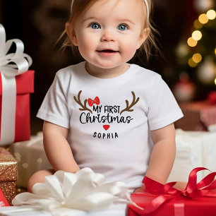 Camiseta Meu Primeiro Natal Nome Menina Rena
