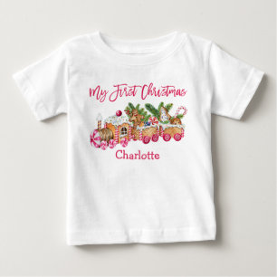 Camiseta Meu Primeiro Natal Pão De Gengibre Trem Doces Rosa