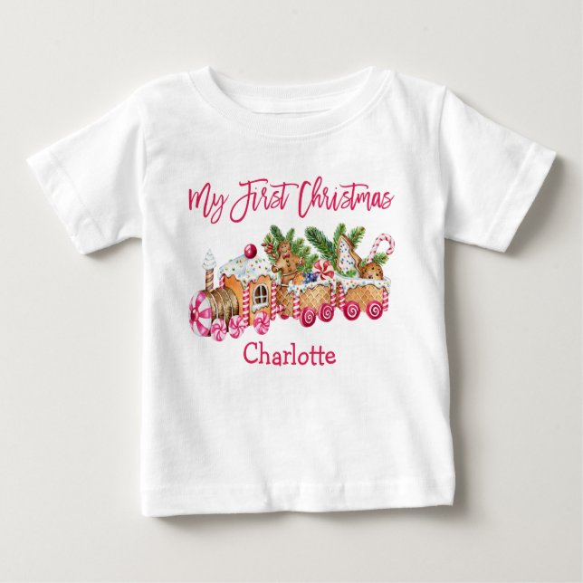 Camiseta Meu Primeiro Natal Pão De Gengibre Trem Doces Rosa (Frente)