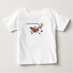 Camiseta meu primeiro natal papai noel e trenó
