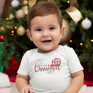 Camiseta Meu Primeiro Natal Papai Noel Ônibus Vermelho Scri