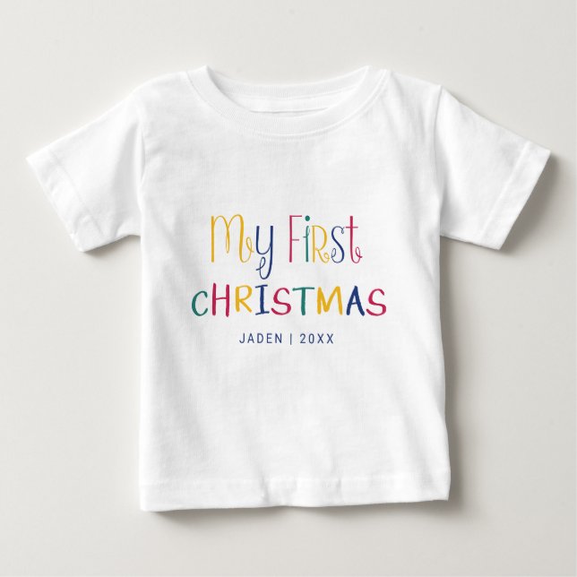 Camiseta Meu Primeiro Natal Personalizado Feriado de Bebê C (Frente)