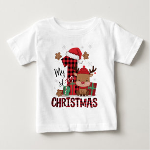 Camiseta Meu Primeiro Natal Rena Xadrez Vermelho Fofo