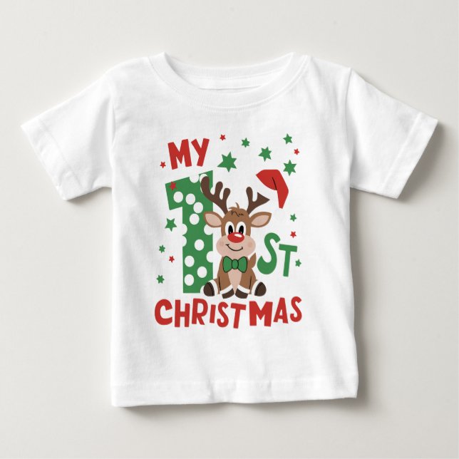 Camiseta Meu Primeiro Natal Tipografia Rena Fofa (Frente)
