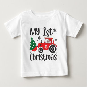 Camiseta Meu Primeiro Natal Trator do Papai Noel Fofo Fazen