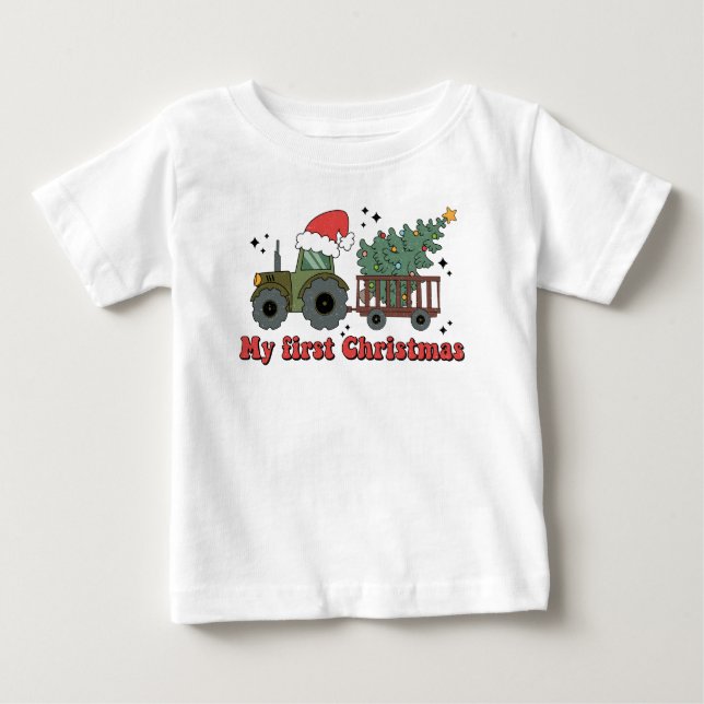 Camiseta Meu Primeiro Natal Tratorzinho de Fazenda Fofo (Frente)