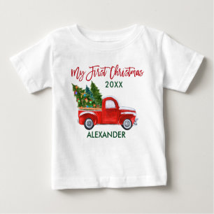 Camiseta Meu Primeiro Natal Vintage Truck Red Green