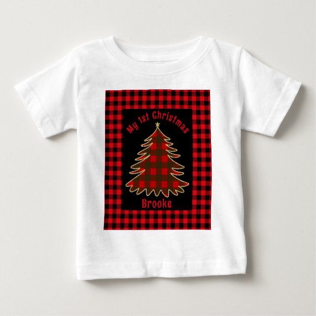 Camiseta Meu Primeiro nome de natal é árvore de xmas vermel (Frente)