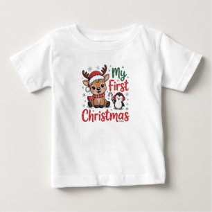 Camiseta Meu Primeiro Pinguim Rena de Natal com Data