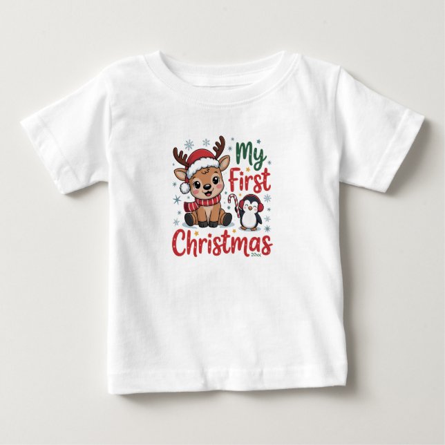 Camiseta Meu Primeiro Pinguim Rena de Natal com Data (Frente)