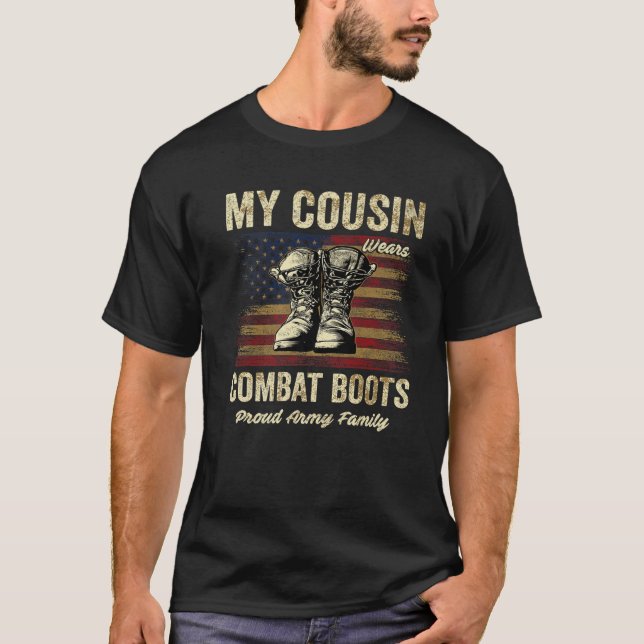 Camiseta Meu primo Veste Combate Boots Orgulhosos Vet Famil (Frente)