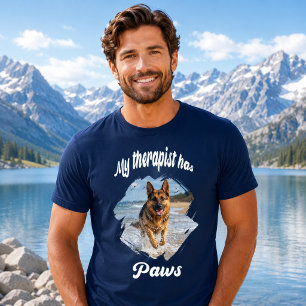 Camiseta Meu terapeuta tem patas foto de cachorro azul mari